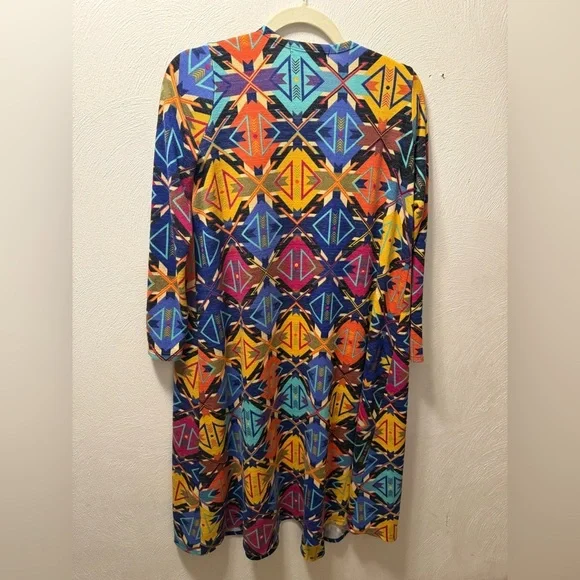 LuLaRoe Blue Yellow Long Duster Cardigan Colorful Geometric Print Spring Size S - Picture 3 of 5